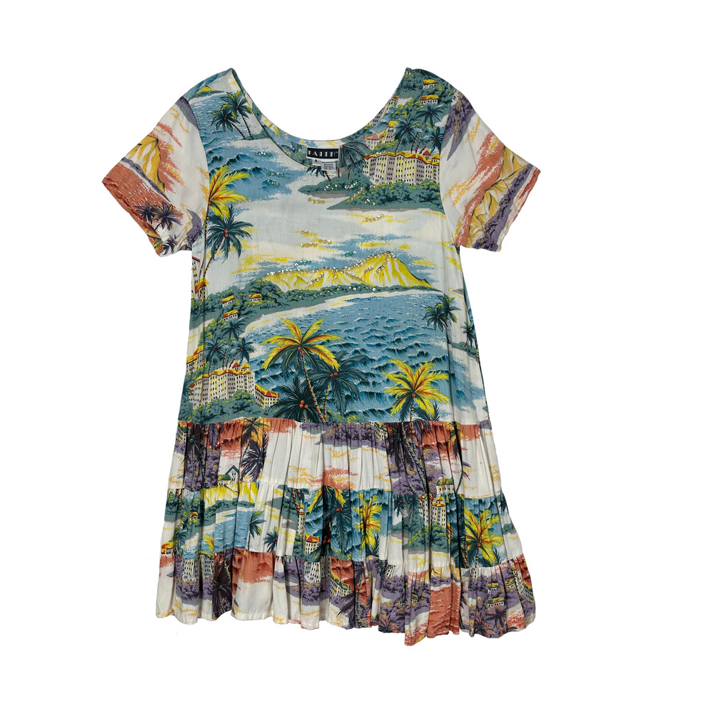 Faith Short Sleeve Tropical Print Sequined Babydoll Tiered Dress Size Small